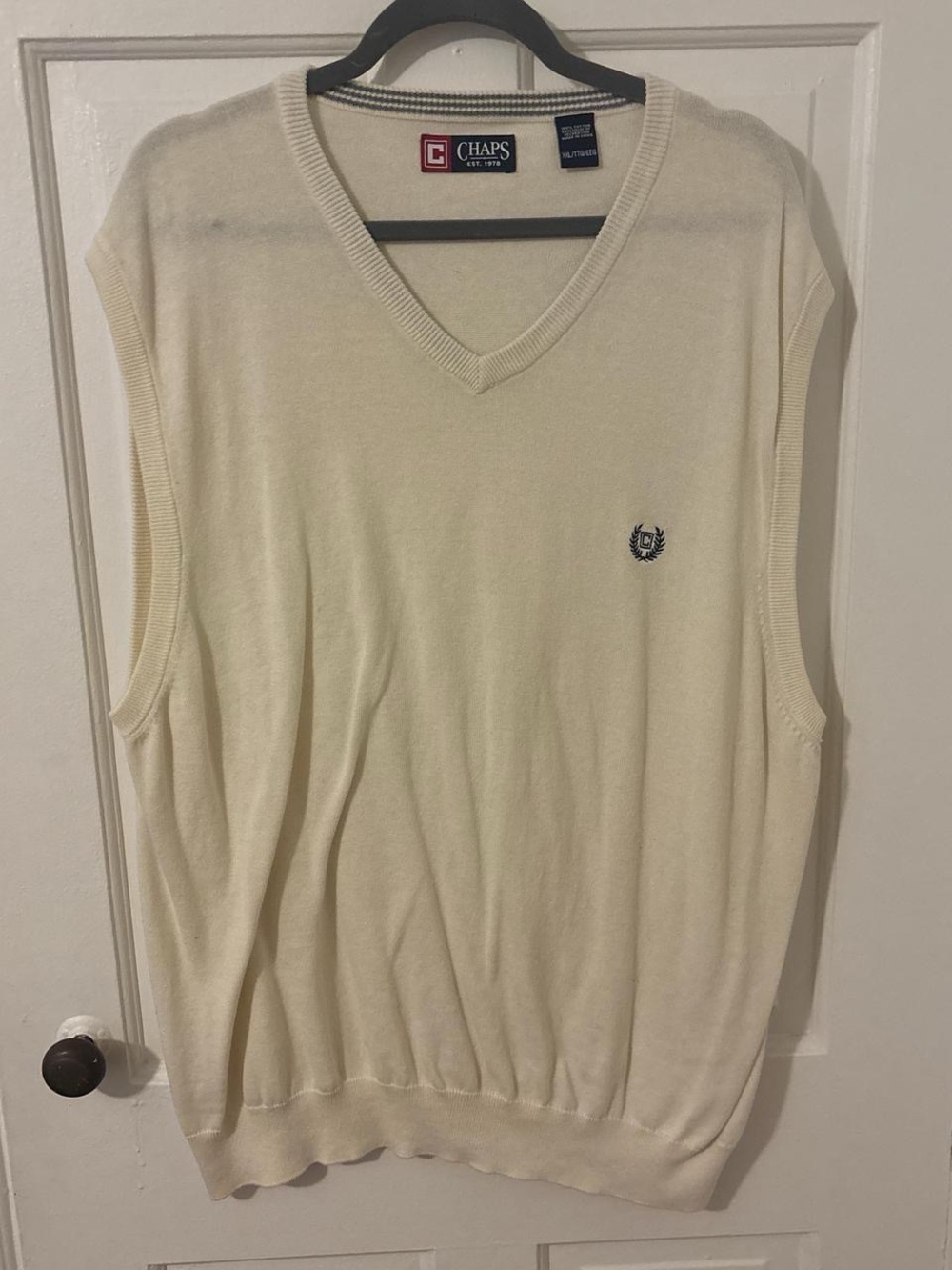 Chaps Cream Knit V-Neck Vest with Navy Logo Trim